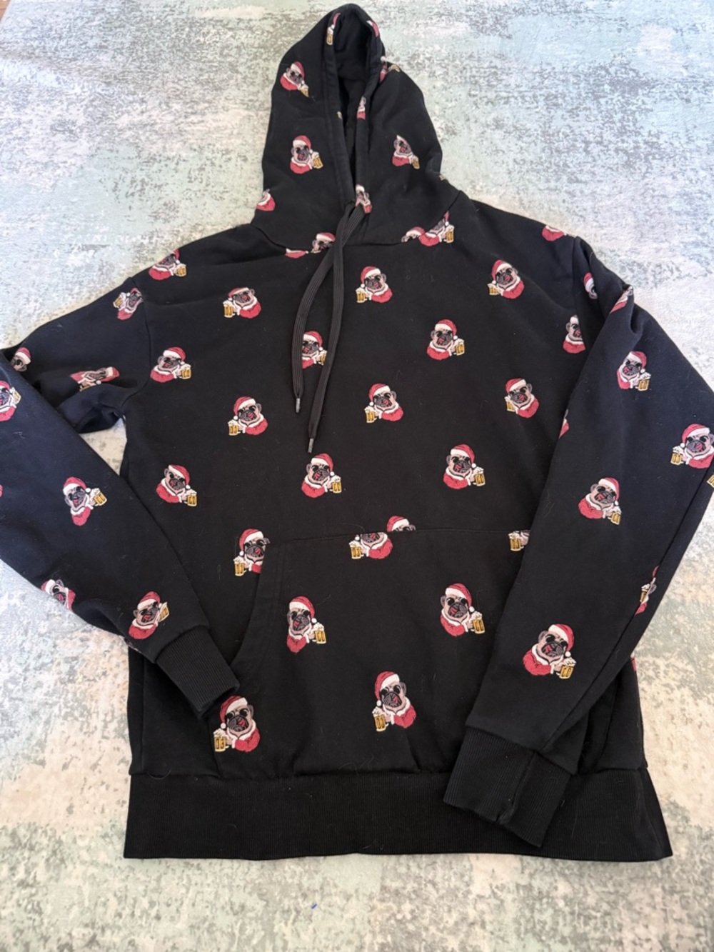 Denim & Flower Black Hoodie with Santa Pug and Beer Print, Size S